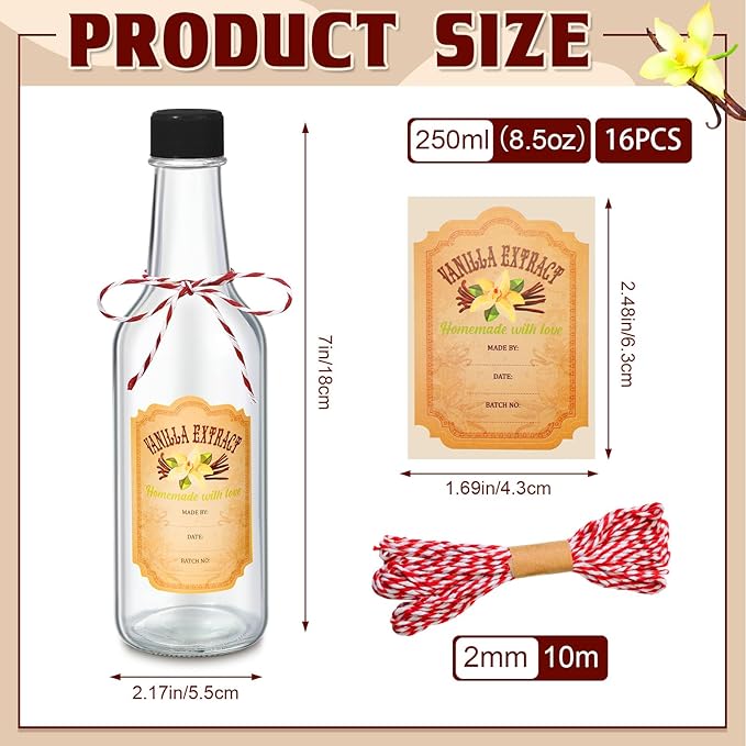 Tioncy 16 Pcs Vanilla Extract Bottles for Homemade Vanilla Jar Glass Bottle with Cap, Shrink Band, Sticker Syrup Gift Food Storage Canister for Bean Sauce Spice(Gold,8.5 oz)