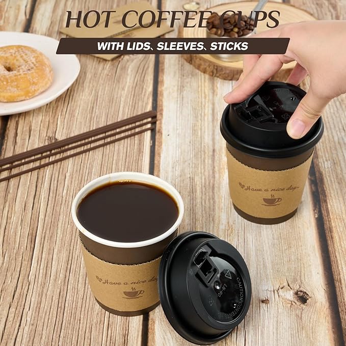 LITOPAK 100 Pack 10 oz Paper Coffee Cups with Lids, Sleeves, and Stirring Sticks for Coffee, Water, or Juice, Browm 10 Ounce Disposable Hot Paper Cups for Cafes, schools, offices, shops