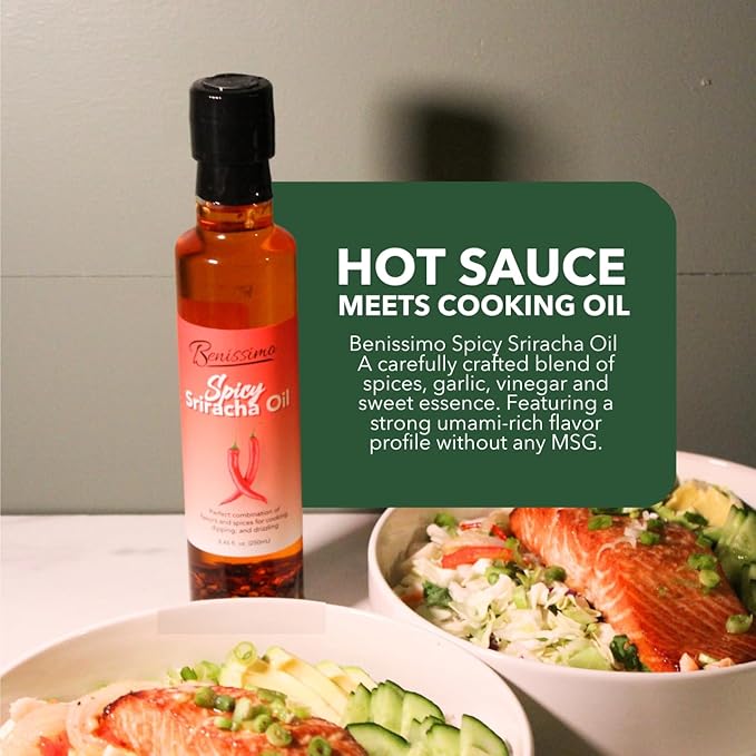 Benissimo Spicy Sriracha Herb Infused Oil, All Natural Gourmet Cooking Oil with Bold Chili Heat and Hand-Selected Herbs, Ideal for Drizzling, Dipping, Saut챕ing, 8.45 fl oz