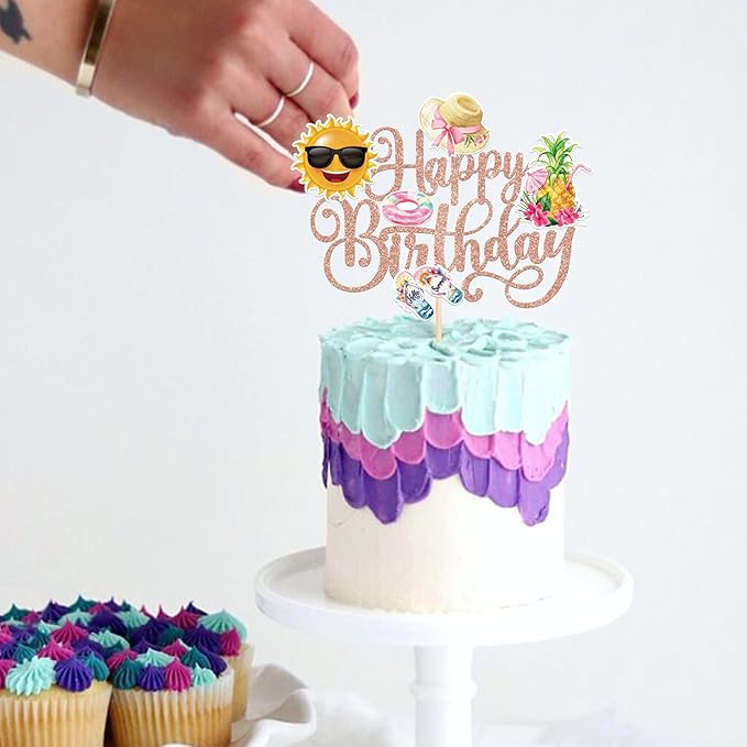1 PCS Summer Beach Happy Birthday Cake Topper Glitter Sun Flip-Flops Pineapple Flatator Hat Cake Pick Pool Birthday Cake Decorations for Tropical Hawaiian Luau Baby Shower Party Supplies Rose Gold