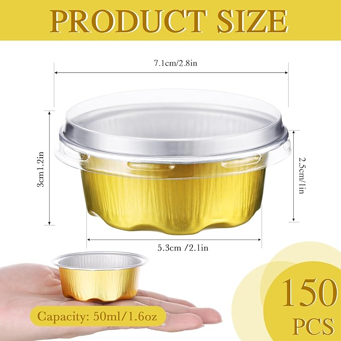 Eaasty 150 Count Baking Cups with Lids, 1.6 oz Muffin Cupcake Liners Aluminum Foil Mini Cake Pans Small Disposable Ramekins Flan Containers with Lids for Christmas, Birthday, Various Holiday(Gold)