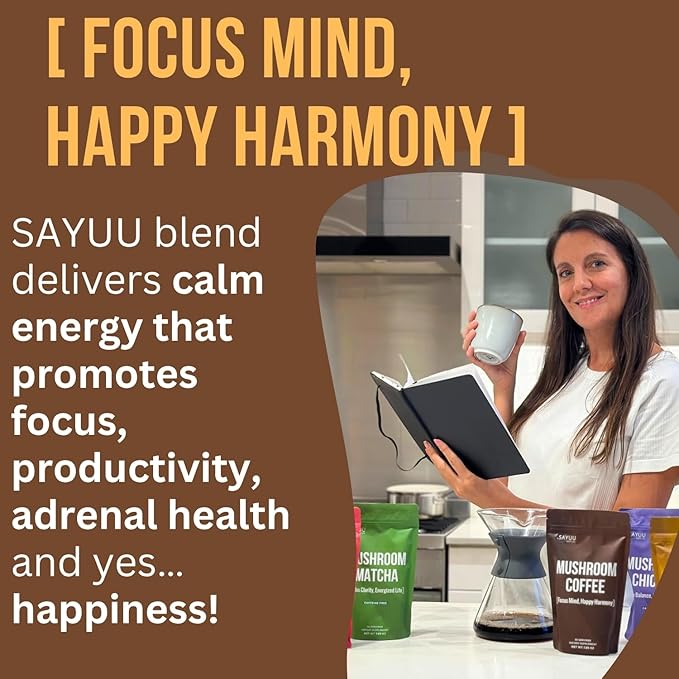 SAYUU Mushroom Coffee Blend ??Focus, Energy & Harmony ??Vegan, Functional Mushrooms, Cordyceps, Lion?™s Mane & Reishi ?“Dietary Supplement - 30 Servings