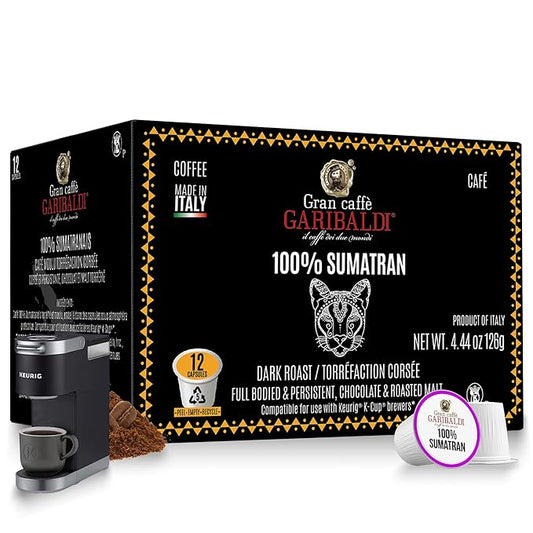 Caffè Garibaldi Sumatran Coffee Pods, Single-Serve Capsules for Keurig K-Cup Brewers, 100% Arabica Blend, Recyclable Pods, 12 Count - Dark Roast