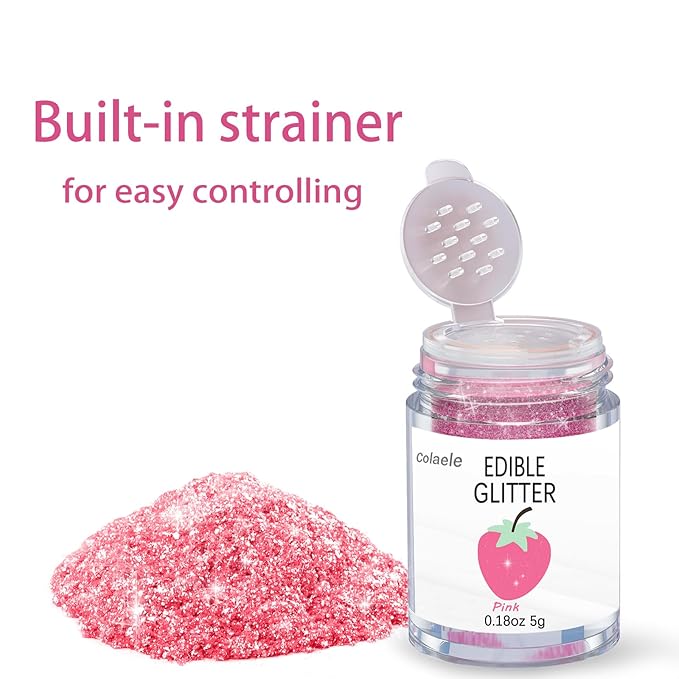 Pink Edible Glimmer Powder Glitter - Colaele 5 grams Food-Grade Luster Dust Metallic Fancy Food Decorating Sprinkle Glimmery Brew Dust for Cake Decorations Drinks Wine Beverage Candy Dessert, Vegan