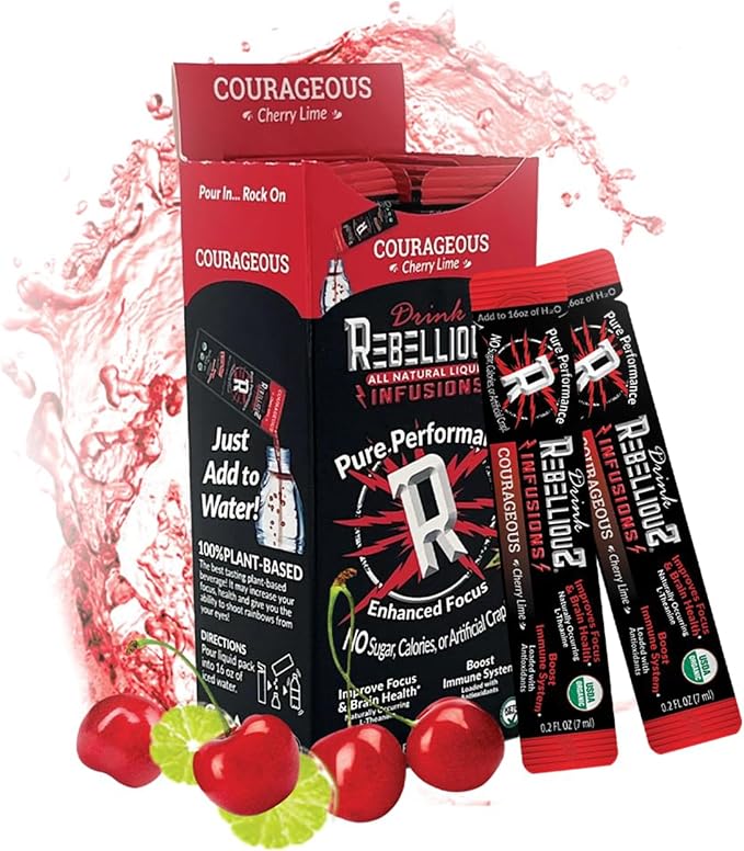 Rebellious Courageous Cherry Lime Organic Drink Mix ??Zero Calorie Energy Drink Mix | Monk Fruit & Green Tea Extract | L-Theanine + Natural Caffeine | 100% Plant-Based | Pack of 10 | Keto,Gluten-Free