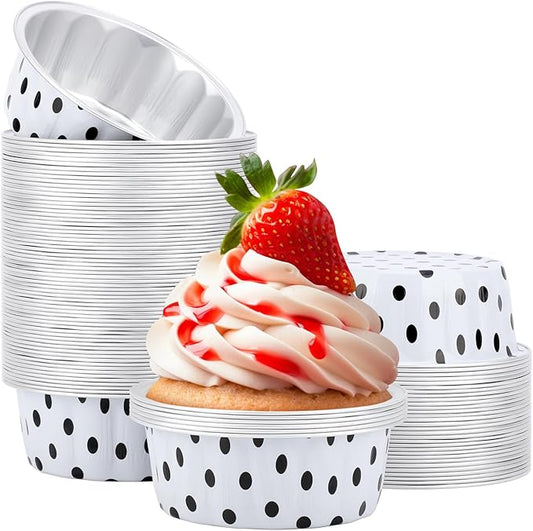 Beasea 8oz Aluminum Ramekins 100 Pack, 3.9" Disposable Baking Foil Cups Mini Ramekin Cup Cupcake Aluminum Baking Cups for Party - Black Dot in White