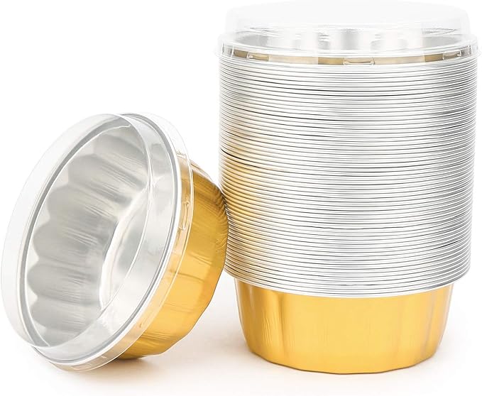 Beasea Disposable Ramekins with Lids, 8 oz 50 Pack Golden Aluminum Foil Cups Disposable Creme Brulee Muffin Cupcake Baking Cup Mini Pudding Cups for Party Wedding Birthday