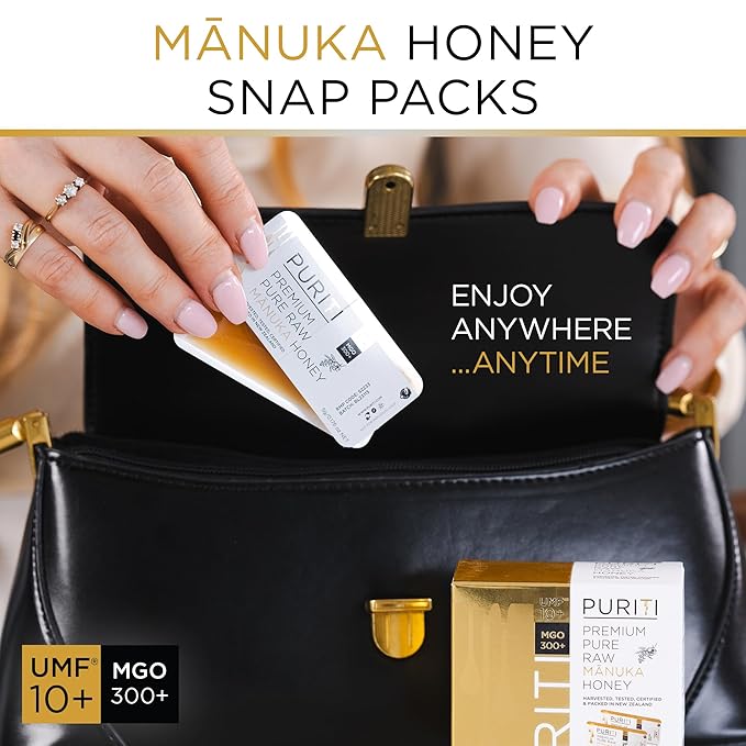 PURITI Genuine Raw Manuka Honey Snaps On The Go - UMF 10+ (MGO300+) 21 x 0.18oz Individual Snap Packets, Single Serve Honey Sticks for Tea, Travel & Snacks, Certified, Made in New Zealand