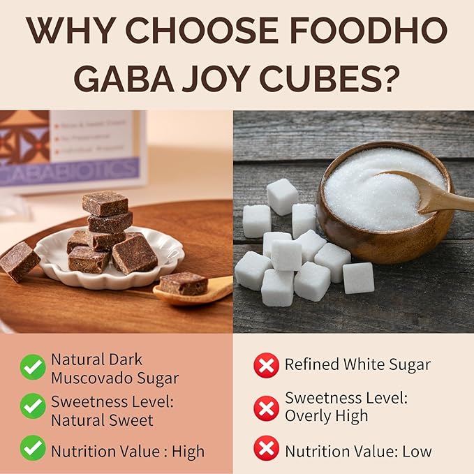 FOODHO GABA Joy Cubes Brown Sugar Cubes - Natural Dark Muscovado Sugar | Old Fashioned Pure Cane Sugar | Rich Nutrients for Good Sleep | Perfect for Tea, Coffee, Milk | No Preservatives