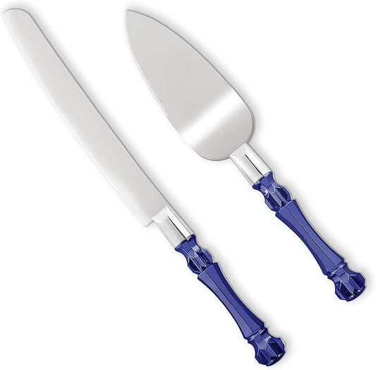 Cake Knife and Server Set, Cake Cutter and Pie Spatula, Cake Server and Knife Set with Acrylic Crystal Handles, Cake Cutting Set for Wedding Cake ??1.2mm Thick Blades, Birthdays, and Parties (Blue)
