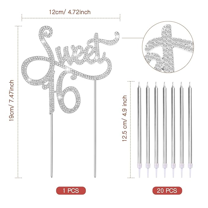 Tondiamo Sweet 16 Birthday Decorations Rhinestone Sweet 16 Cake Toppers 20 Pcs Metallic Happy Birthday Candles 16 Cake Decorations for Cupcake Decor(Silver)