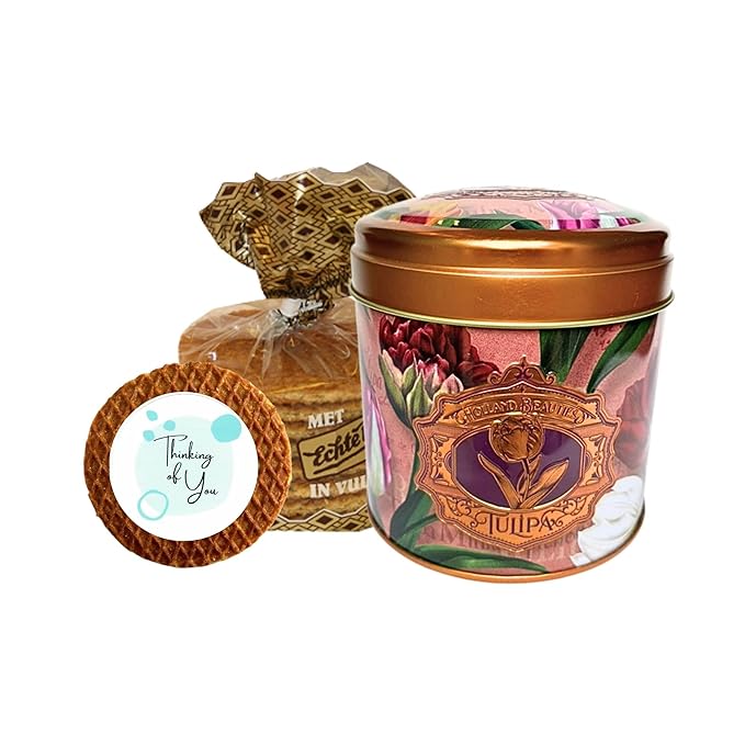 DeReuze Stroopwafels Gift Set – Authentic Caramel Waffle Cookies in Decorative Purple Tulip Tin – Gifts from Netherlands with Messages – Unique Food Gift for Any Occasion (Thinking of You)