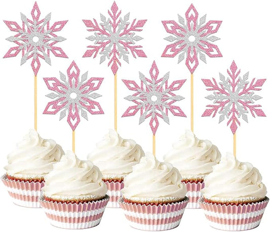 24PCS Glitter Snowflake Cupcake Toppers for Snowflake Decorations, Frozen Snowflake Cake Topper, Christmas Snowflake Cake Picks for Winter Decorations (Mix Pink)