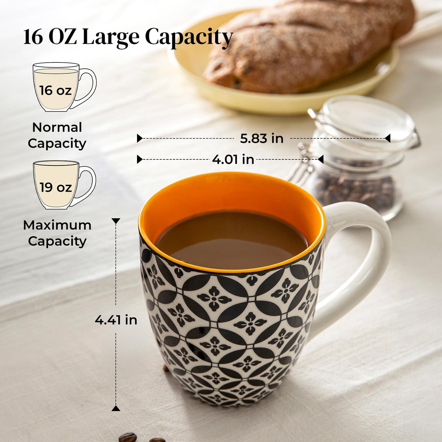 DOWAN 16 OZ Boho-Mosaic Coffee Mugs Set of 6, Large Ceramic Coffee Mugs with Handle, Bohemian Home