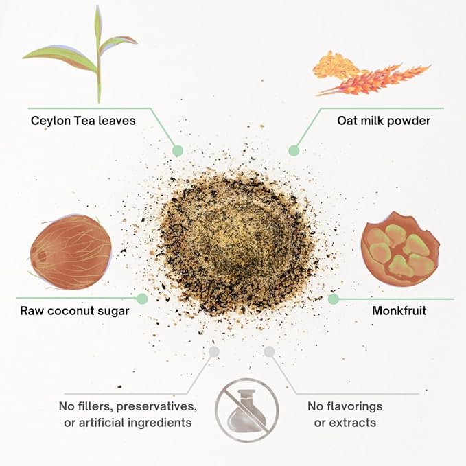 Kola Goodies - Oat Milk Tea Latte - Vegan - Mood Lifter w/Low Caffeine - Made with Loose Leaf Ceylon Tea, Oat Milk Powder, Monk Fruit Sweetener & Raw Coconut Sugar - Ready in 3 Minutes - 10 Sachets