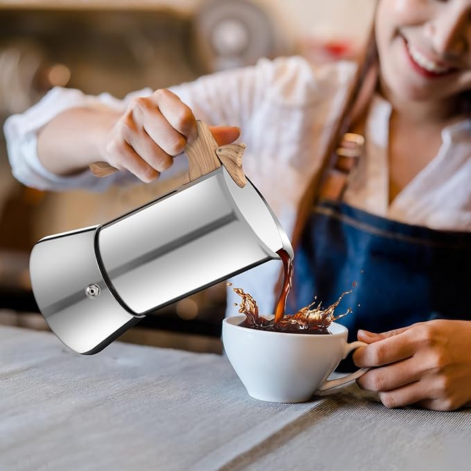 No Coating 4 Cup Moka Pot Thickened 304 Stainless Steel Stovetop Espresso Coffee Maker 200ml 6.8oz Mocha Percolator Greca Cuban Ideal for Making Rich Authentic Italian Caf챕