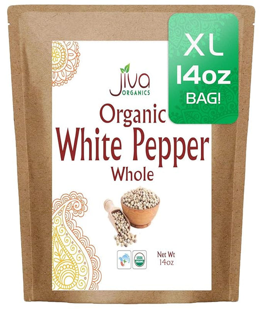 Organic White Peppercorns Whole 14Oz Bulk Bag - Non-GMO, Pure Whole Peppercorns for Grinder Refill by Jiva Organics