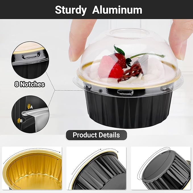 EUSOAR Disposable Ramekins and Individually Wrapped Spoons, 120pcs 5oz Cupcake Liners and Plastic Sporks, Aluminum Foil Baking Cups Mini Cake Pans Ramekins with Lids for Party Wedding Birthday Picnic