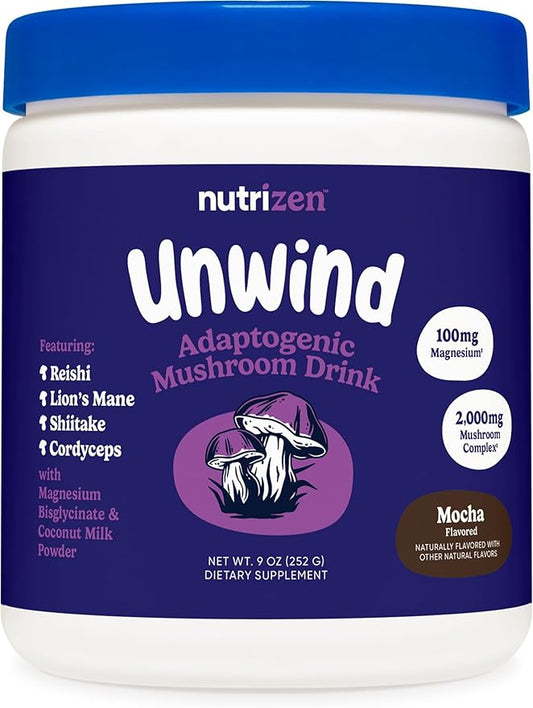Nutricost Nutrizen PM Unwind Adaptogenic Mushroom Drink (Mocha Flavored) 30 Servings - Includes