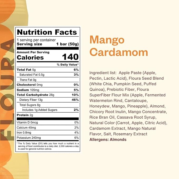 Floura Mango Cardamom Fruit-Forward Fiber Bars??High Fiber, Vegan, Gluten & Dairy Free, Low Calorie Healthy Snack Bars with Upcycled Produce for Gut Health [10 Pack]