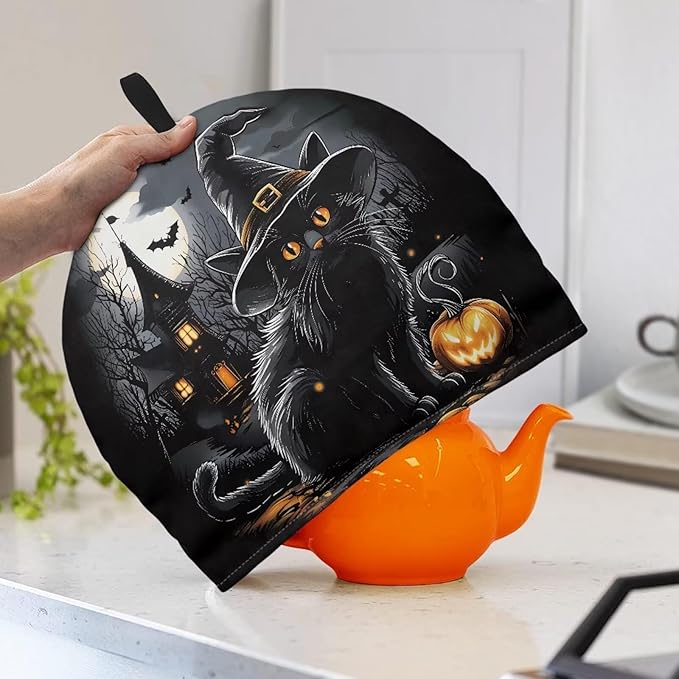 Halloween Black Cat Pattern Tea Cozy Kitchen Kettle Dust Cover Washable Teapot Dust Tea Kettle Cover for Tea Pot Halloween Decorative Kitchen竊뉰lack竊?"<div>