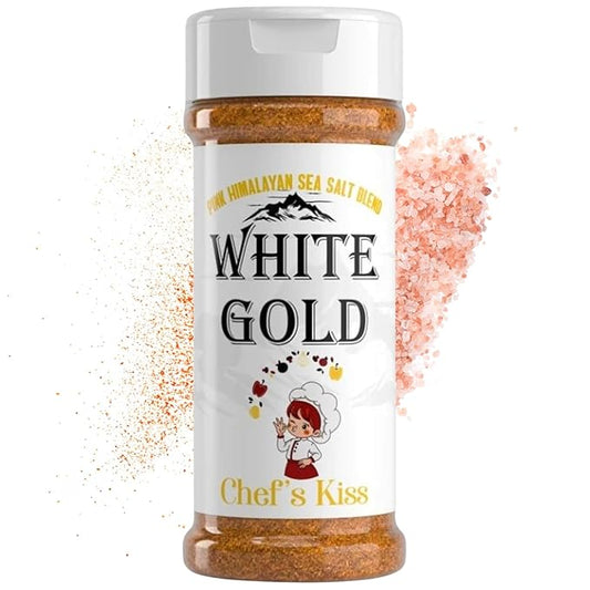 White Gold Chef’s Kiss All Purpose Seasoning with Pink Himalayan Sea Salt - Gourmet Seasoned Salt Blend Perfect for Cooking Meats & Vegetables, Natural Ingredients, Gluten-Free, Vegan, Keto Friendly