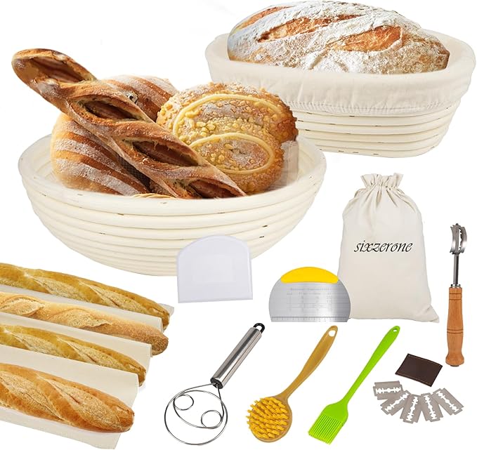Sourdough Bread Baking Supplies,Sourdough Banneton Bread Proofing Basket Set of 2,9 Inch Round &10 Oval,Sourdough Starter Kit,for Making Baking,With Bread Lame,Linen Liner,Dough Whisk,Bread Bag