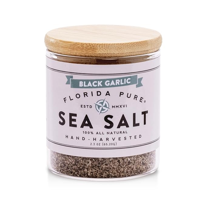 FLORIDA PURE Black Garlic Sea Salt - 80+ Mineral Sea Salt, Natural, Unrefined, Non Iodized - for Baking, Cooking, Seasoning & Enhancing Taste - Rich in Taste Flaky Sea Salt (2.3 oz Jar)