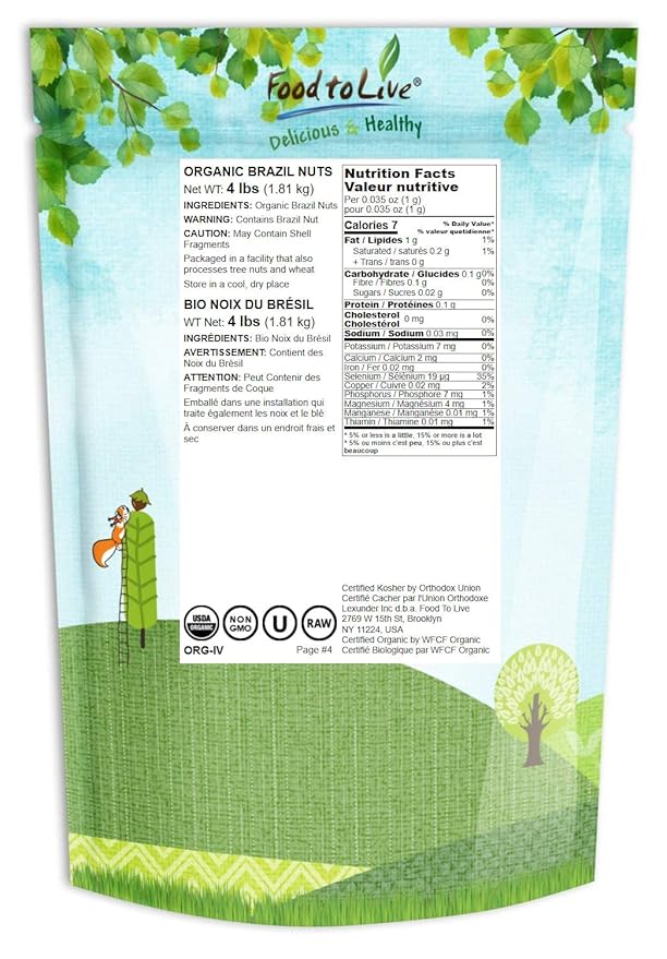 Food to Live - Organic Brazil Nuts, 4 Pounds Non-GMO, Raw, Whole, No Shell, Unsalted, Kosher, Vegan, Keto, Paleo Friendly, Bulk, Trail Mix Snack, Good Source of Selenium