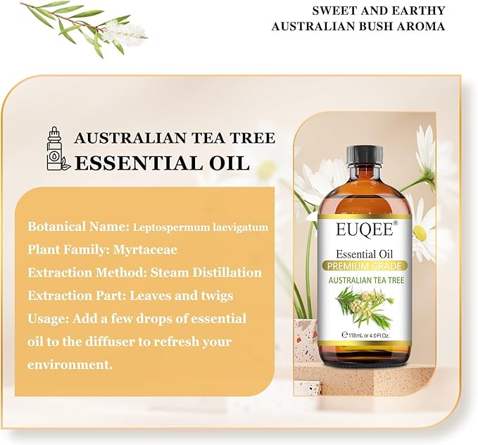 Australian Tea Tree Essential Oil (4 oz/118 ml) Premium Grade Australian Tea Tree Oil Essential, Perfect for Diffusers, Humidifier, Candle Making, Soap & Candle Making