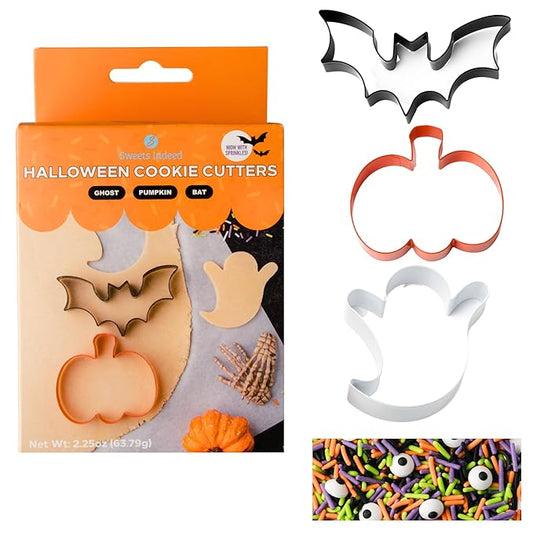 Sweets Indeed Halloween Cookie Cutters with Sprinkle Mix & Candy Eyeballs ??2 oz Sprinkles + 3 Food-Safe Cookie Cutters (Pumpkin, Ghost, Bat) | Halloween Baking & Decorating Kit