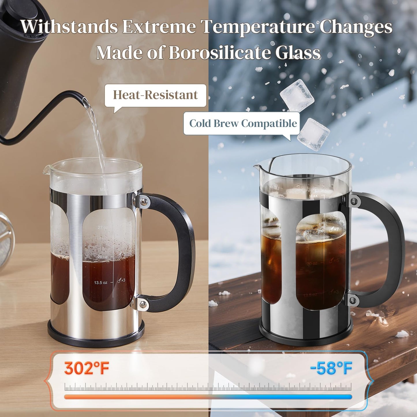 Veken French Press Coffee Maker,No Plastic Touching Cafe,34oz 1L Cafetera