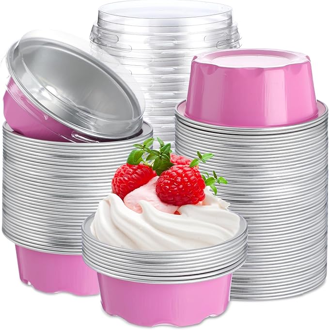 Eaasty 150 Pcs Baking Cups with Lids, 1.6 oz Muffin Cupcake Liners Aluminum Foil Mini Cake Pans Small Disposable Ramekins Flan Containers with Lids for Weddings, Birthday, Various Holiday (Pink)