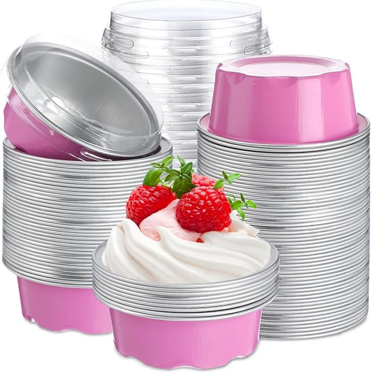 Eaasty 150 Pcs Baking Cups with Lids, 1.6 oz Muffin Cupcake Liners Aluminum Foil Mini Cake Pans Small Disposable Ramekins Flan Containers with Lids for Weddings, Birthday, Various Holiday (Pink)