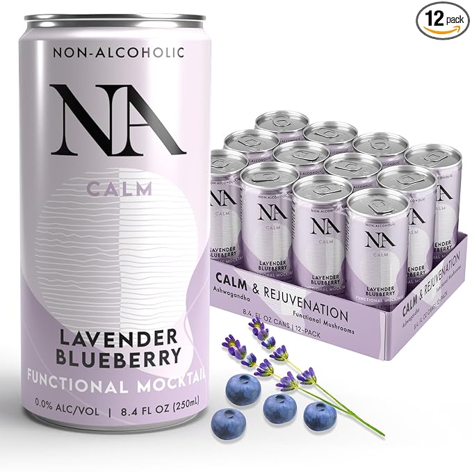 NA Non-Alcoholic Functional Adaptogen Drinks with Ashwagandha, Mushrooms and Magnesium for Calming | Low Sugar, Low Calorie Social Tonic | Lavender Tea & Blueberry, 8.4oz Cans (12 Pack)