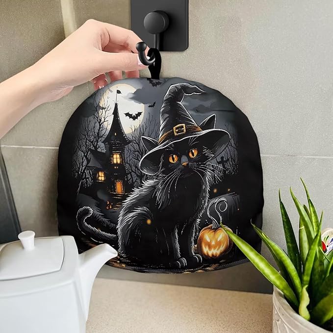 Halloween Black Cat Pattern Tea Cozy Kitchen Kettle Dust Cover Washable Teapot Dust Tea Kettle Cover for Tea Pot Halloween Decorative Kitchen竊뉰lack竊?"<div>