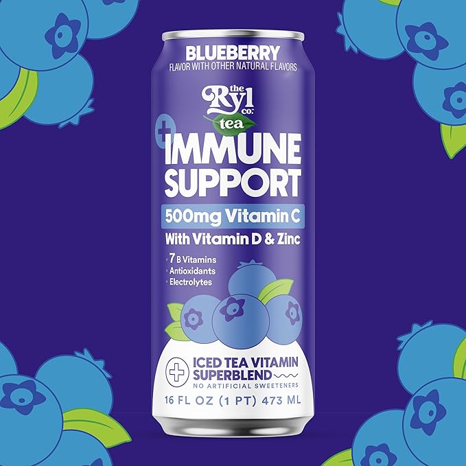 Ryl Immune Support Tea, Blueberry, 500mg Vitamin with Vitamin D & Zinc, 16.0 Fl Oz (12-Pack)