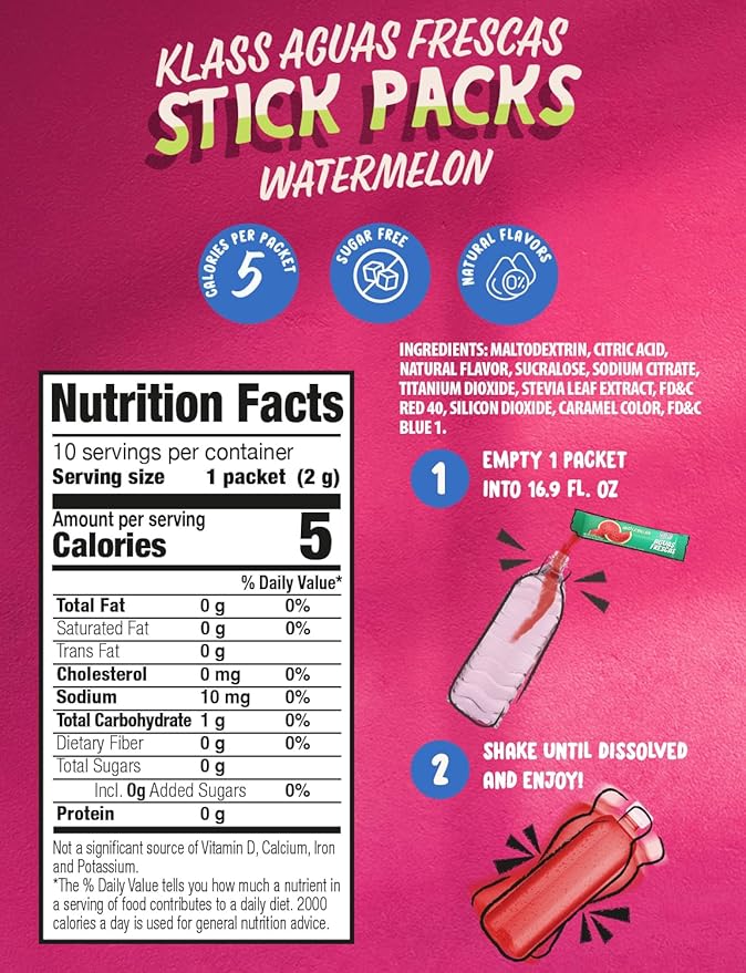 Klass Aguas Frescas | Drink Mix Packets | Watermelon Flavored | Sugar Free On-The-Go Packets, Low Calorie (40 Count Powder Stick Packs)
