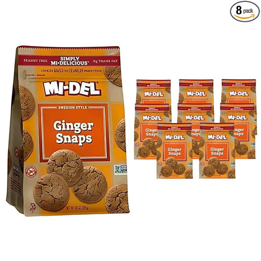 Mi-Del Ginger Snaps - Crunchy Ginger Cookies Made with Real Ginger - Swedish Ginger Snaps Cookies Old Fashioned - Non-GMO Certified, 0g Trans Fat, Healthy Cookies (Pack of 8)
