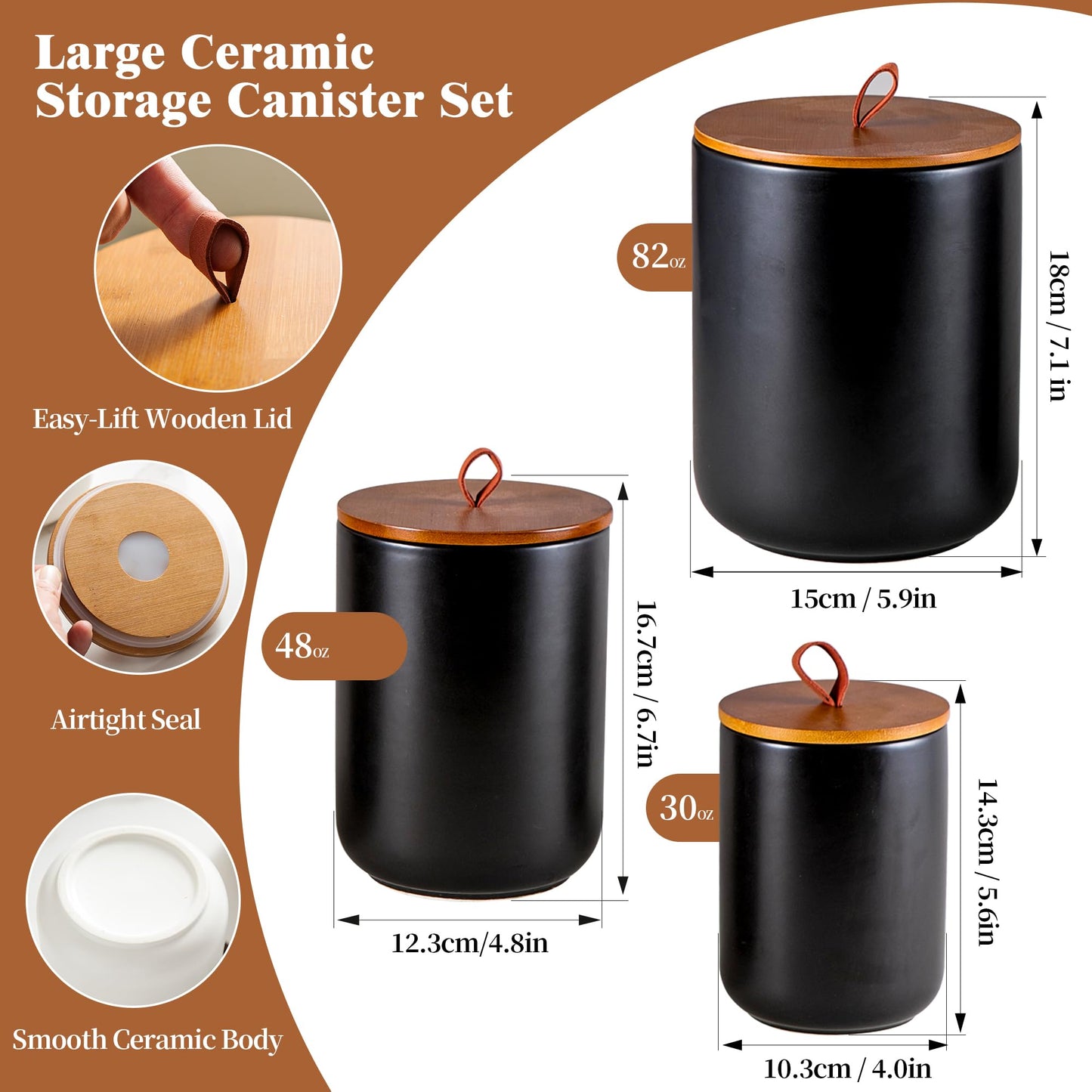 Mowtanco Ceramic Canister Set (30 oz, 48 oz, 82 oz) – Black Ceramic Jar Set with Airtight Bamboo