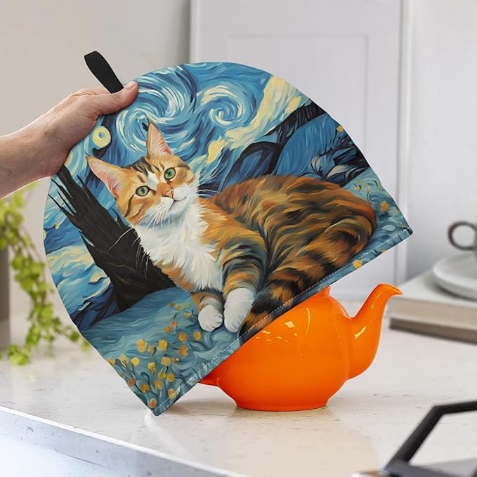 Large Tea Cozy for Teapot Starry Night Cat Print Extra Thick Tea Pot Cover Home Kitchen Decoration Insulated Teapot Cozy Dust Kitchen Accessories for Home Daily