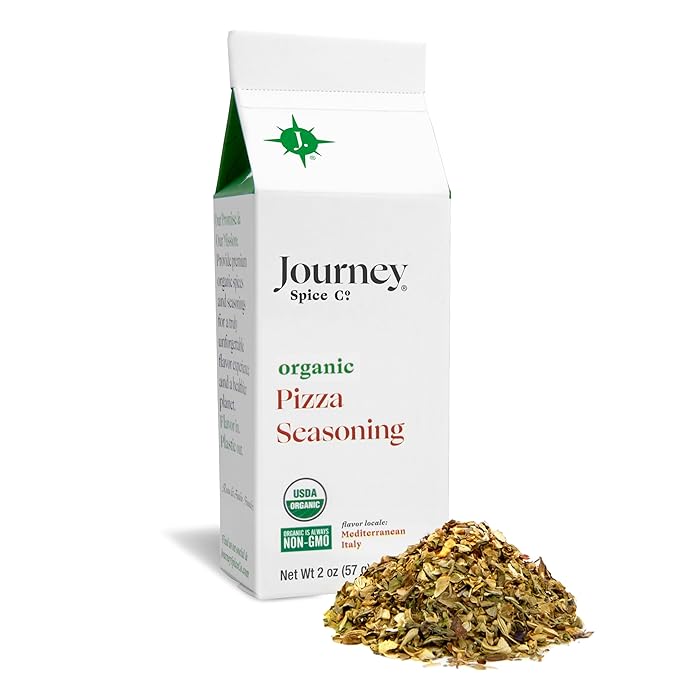 Organic Pizza Seasoning by Journey Spice Co. | Salt-Free, Sugar-Free, Non-GMO, MSG-Free | Natural Mediterranean Italian Spice Herb Blend for Pizza, Lasagna, Pasta, Meat, Veggies, and More. | 2 oz. | Resealable/Reusable Cap