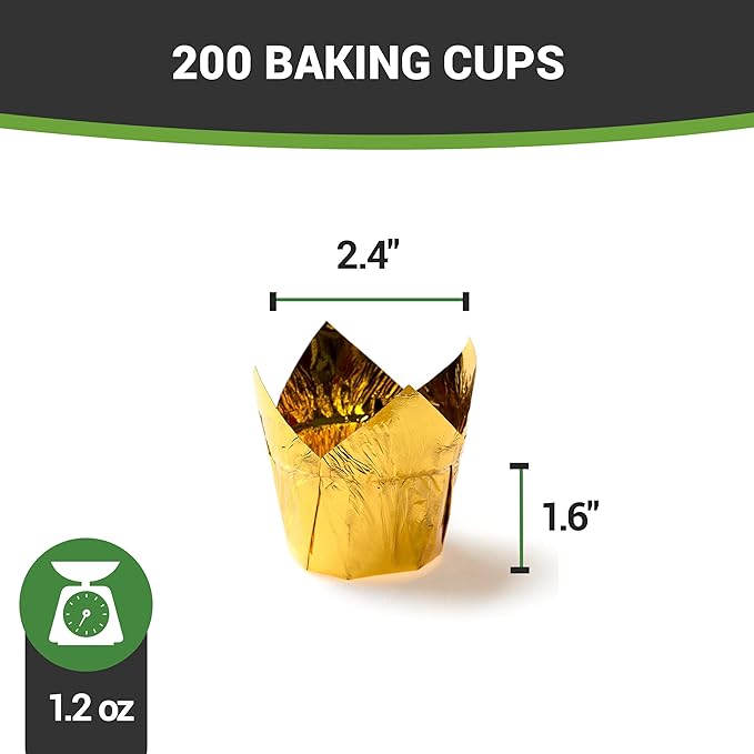 Restaurantware 4 Ounce Petal Baking Cups 200 Grease Resistant Tulip Cupcake Wrappers - Tulip Shaped Oven Safe Gold Paper Disposable Cupcake Liners For Parties and Weddings Mini