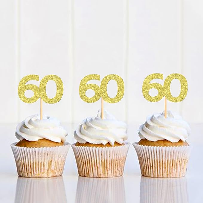 24PCS Gold Glitter 60th Birthday Cupcake Toppers Number 60 Birthday Celebrating Cake Decorations Supplies for Birthday Anniversary Party