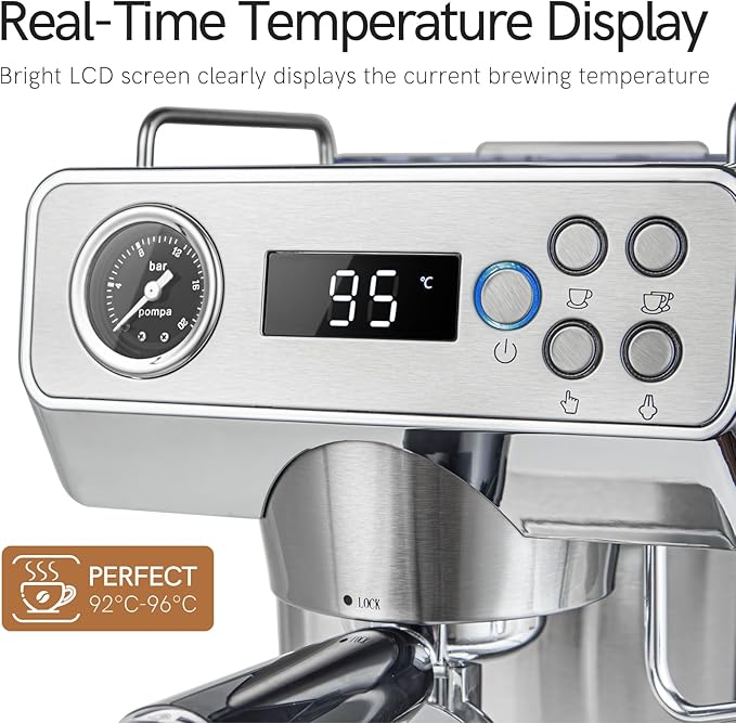 Espresso Machine, 20Bar Espresso Coffee Machine with Milk Frother & Temp Display, Stainless Steel Coffee Maker with 51oz Removable Water Tank for Latte, Cappuccino