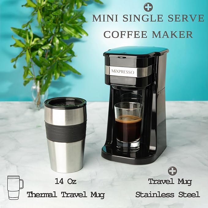 Mixpresso Black Personal Single Serve Coffee Maker with 14oz Travel Mug, Drip Small Coffee Maker with Auto Shut Off, Reusable Filter, Works with Ground Coffee Only ??Not for K-Cup Pods