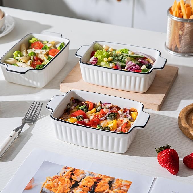 Ceramic Casserole Dish Set with Handles Sets of 4 - Oven, Microwave & Dishwasher Safe 12OZ Rectangular Bakeware |Deep Baking Pans for Lasagna, Cake, Cooking & Gift Use