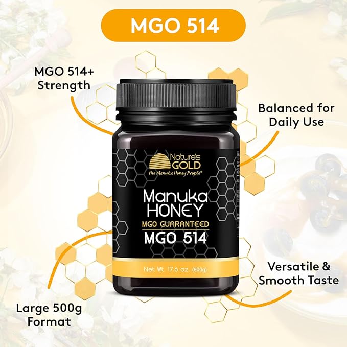 Nature’s Gold Raw Manuka Honey, Certified MGO 514+ | Authentic MGO, Australian Honey, Non-GMO, 100% Pure Genuine Traceable from Hive to Home (17.6oz)