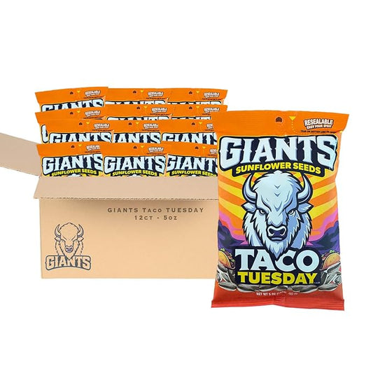 GIANTS Taco Tuesday Sunflower Seeds - Sunflower Seeds to Eat, High Protein Snack, Zesty Taco Seasoning, Source of Vitamin E & Fiber Content - 5 oz Resealable Bags (Bulk Pack of 12)