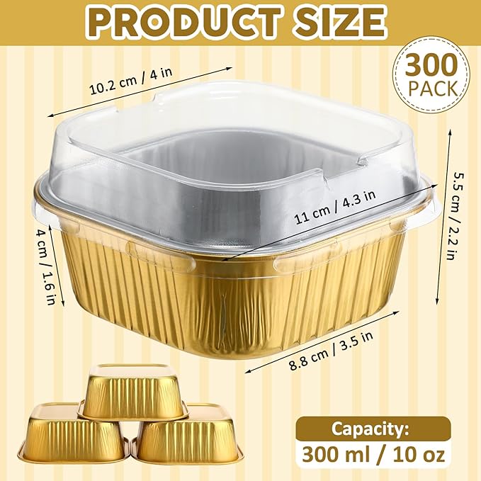 Aoriher 300 Pieces 10 oz Mini Cake Pans with Lids, Aluminum Foil Baking Cups, Square Disposable Cupcake Cups Baking Tins for Wedding Birthday Party Supplies(Yellow, Silver)